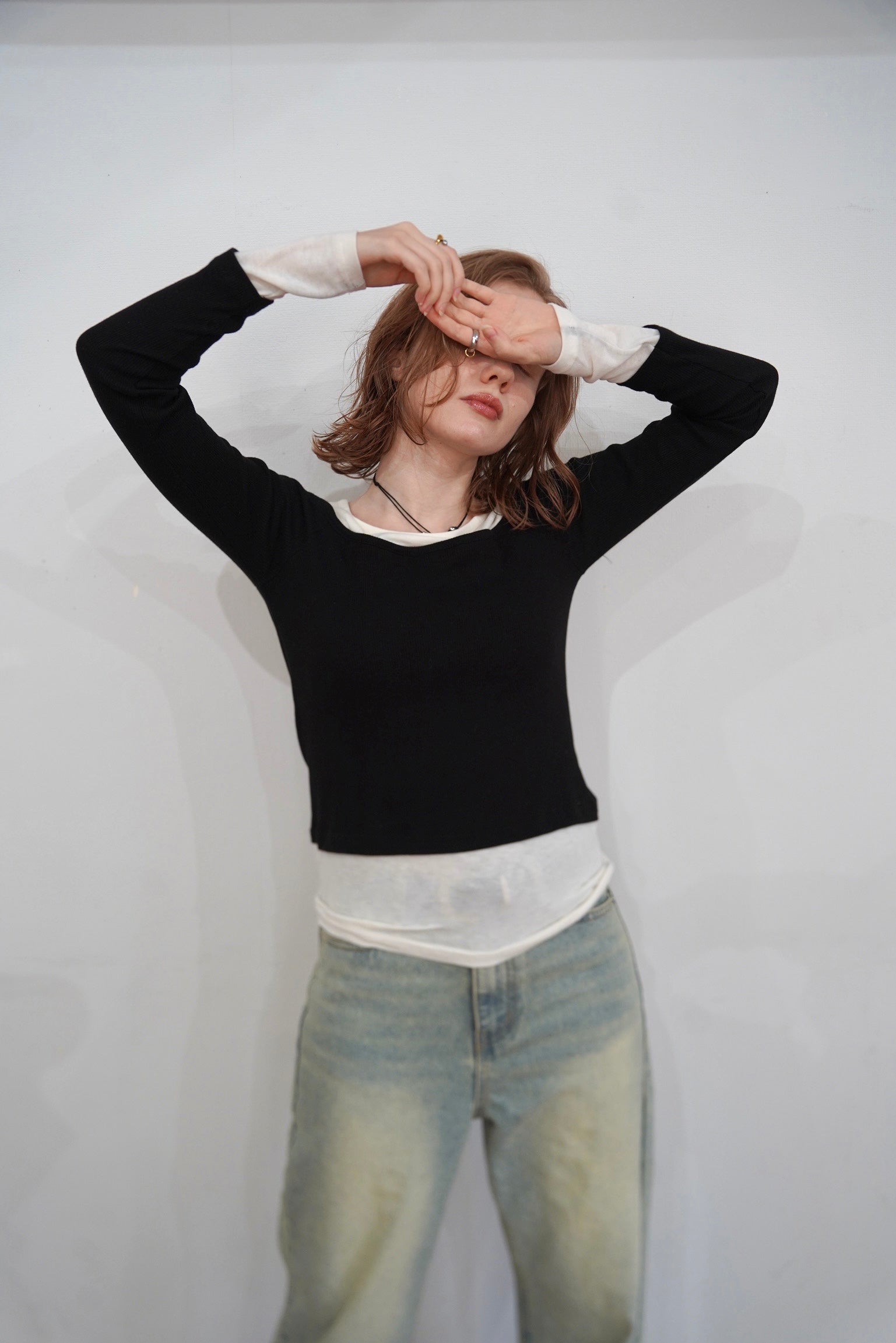 mignon wave lib shoulderオフショルダー編み長袖トップス