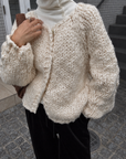 Chunky hand knit crew neck cardigan
