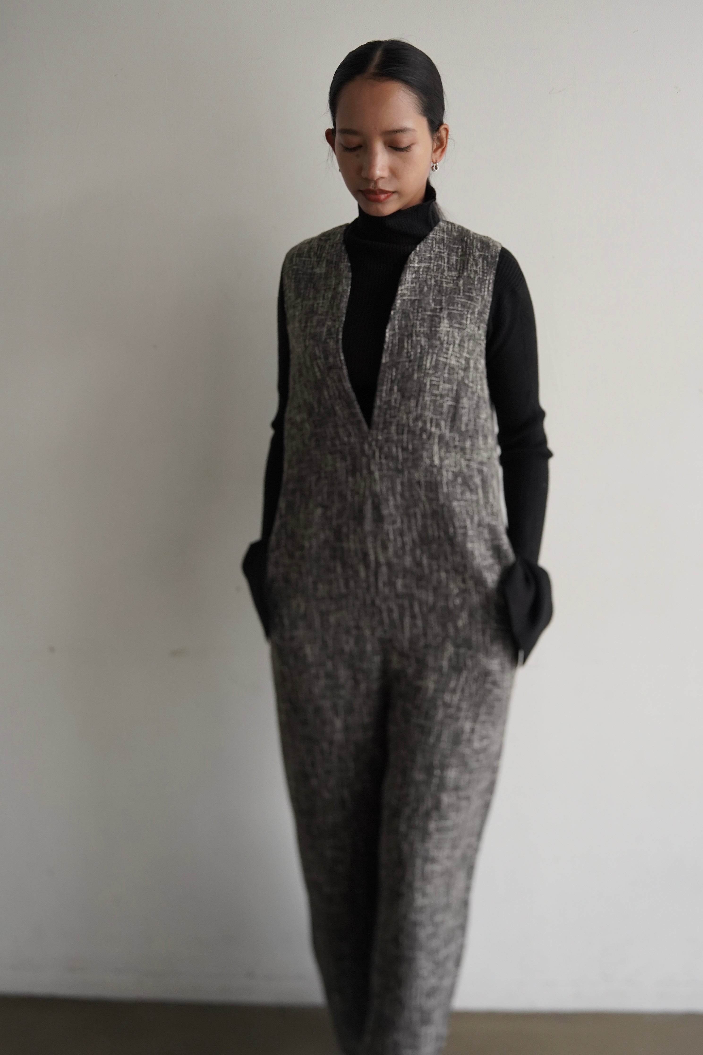 Deep V tweed all-in-one