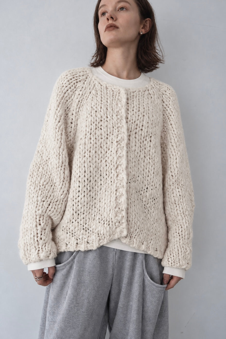 Chunky hand knit crew neck cardigan