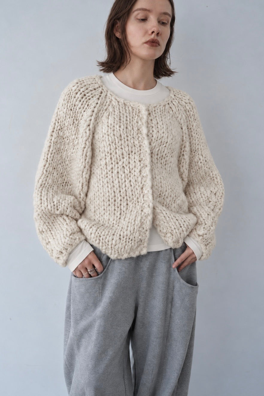 Chunky hand knit crew neck cardigan