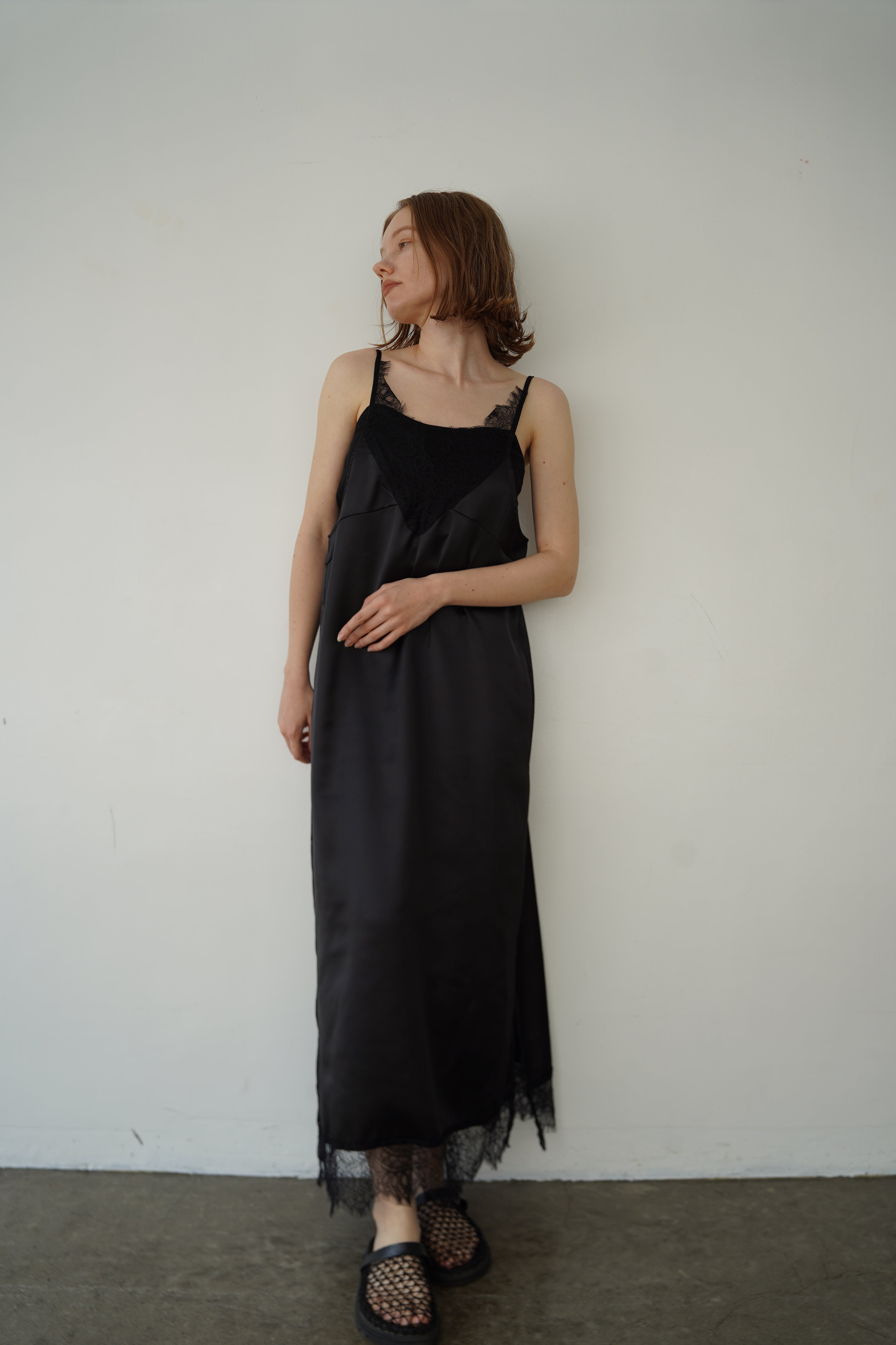 Race satin camisole one-piece