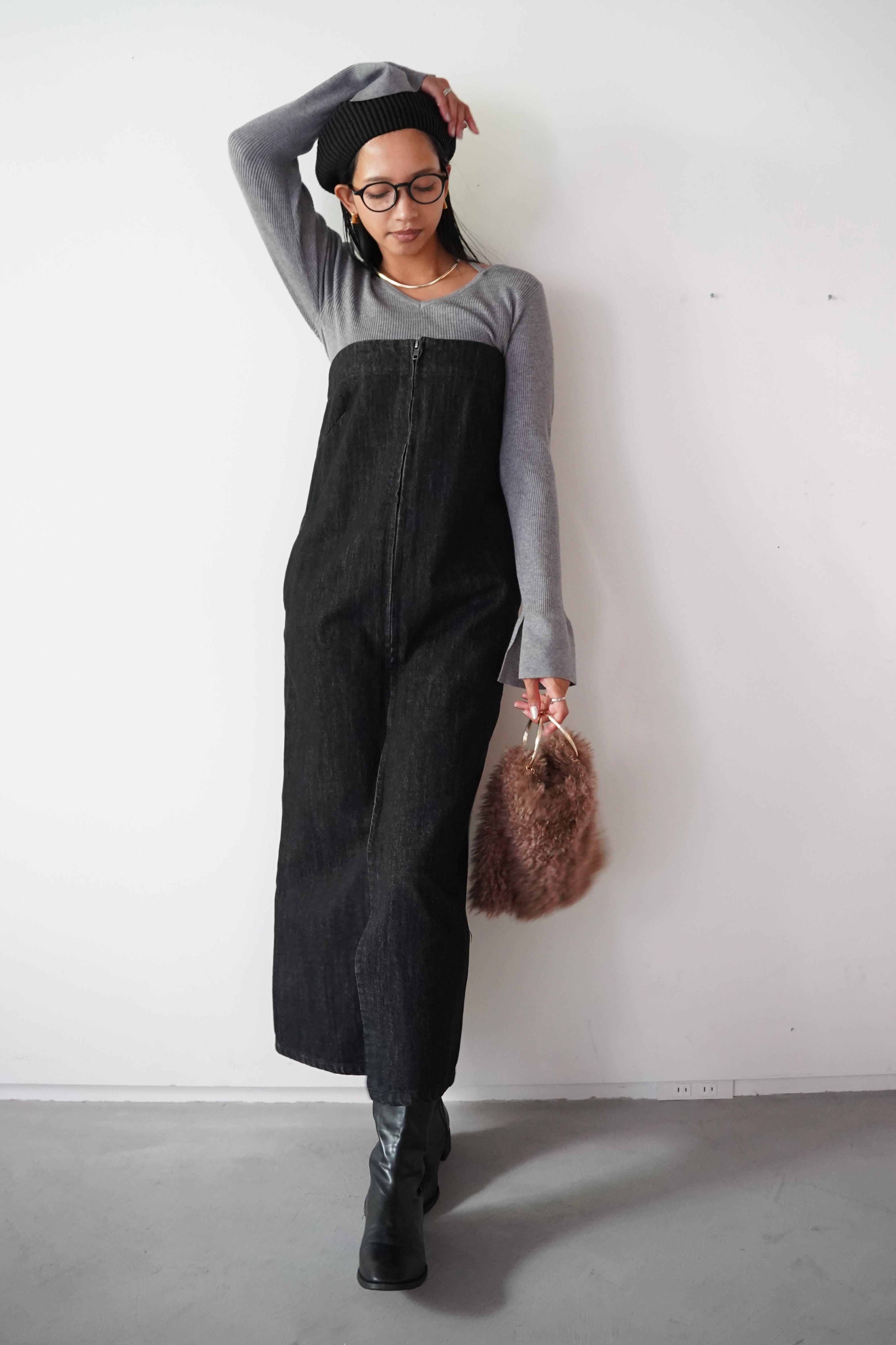 Denim bear zip one-piece