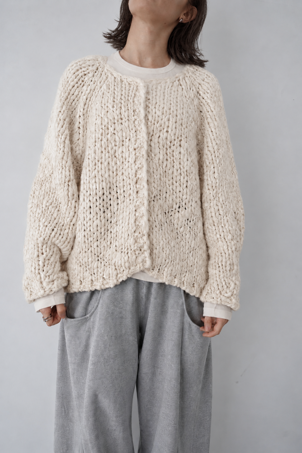 Chunky hand knit crew neck cardigan