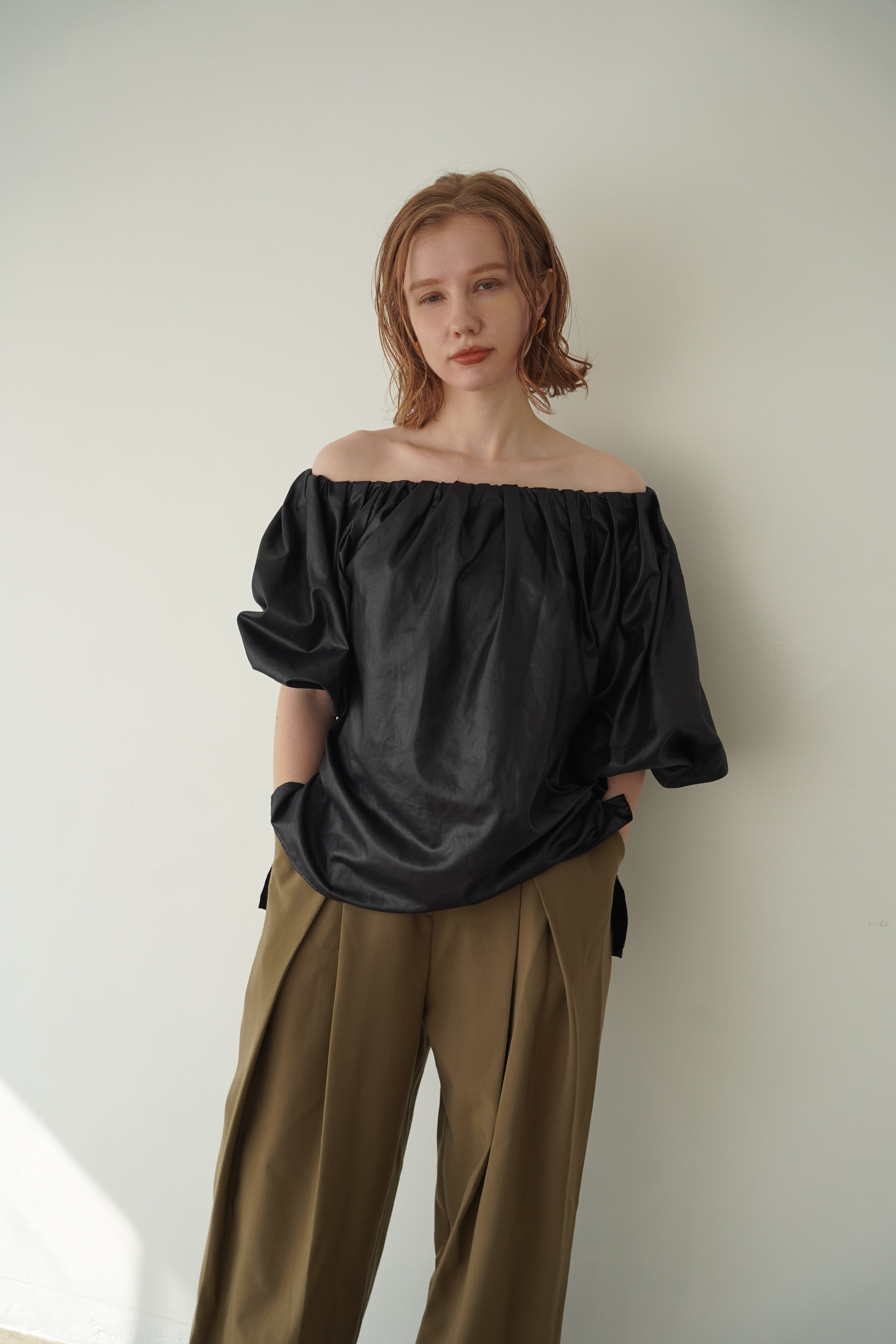 Leather like off shoulder top