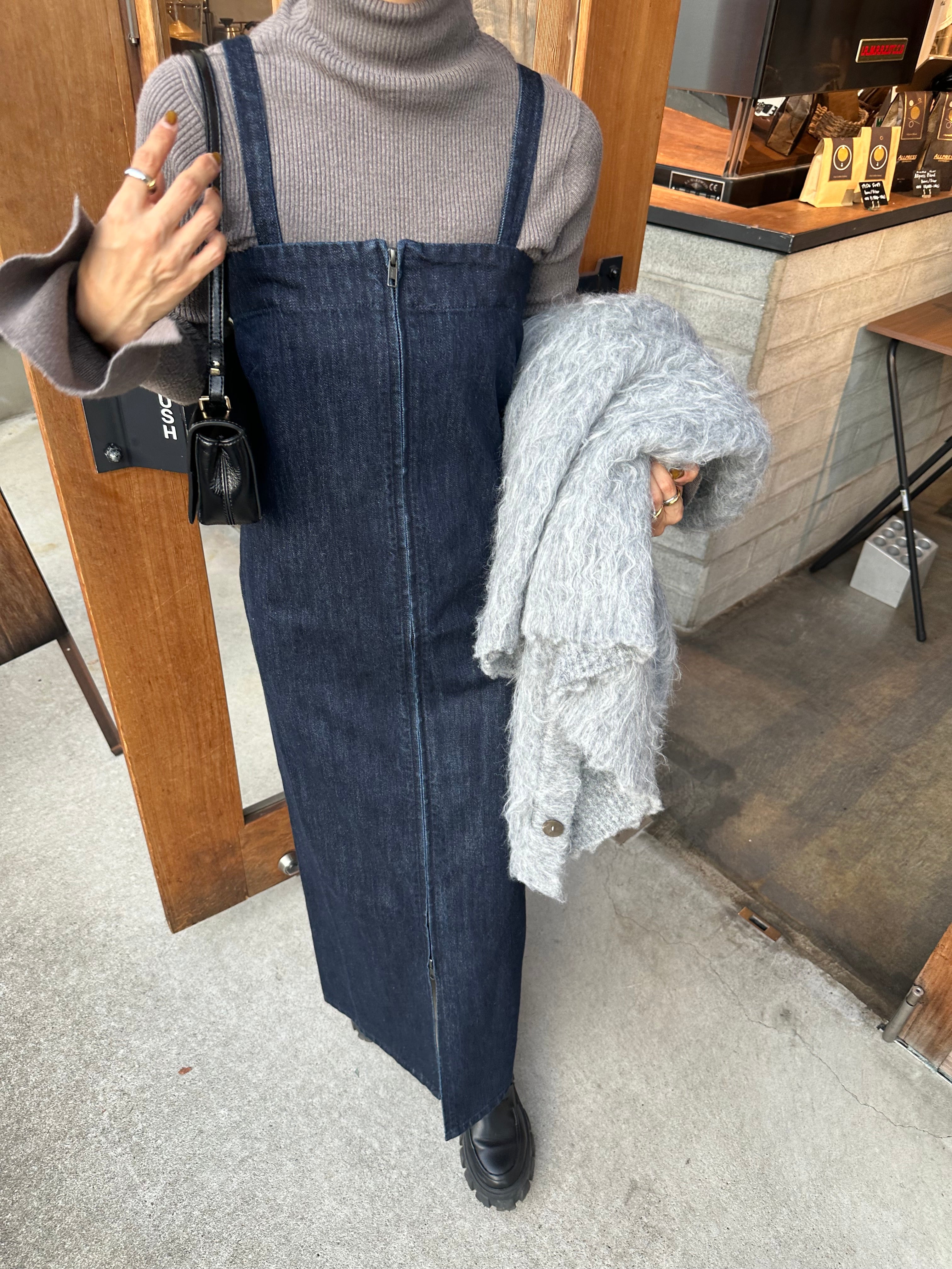 Denim bear zip one-piece