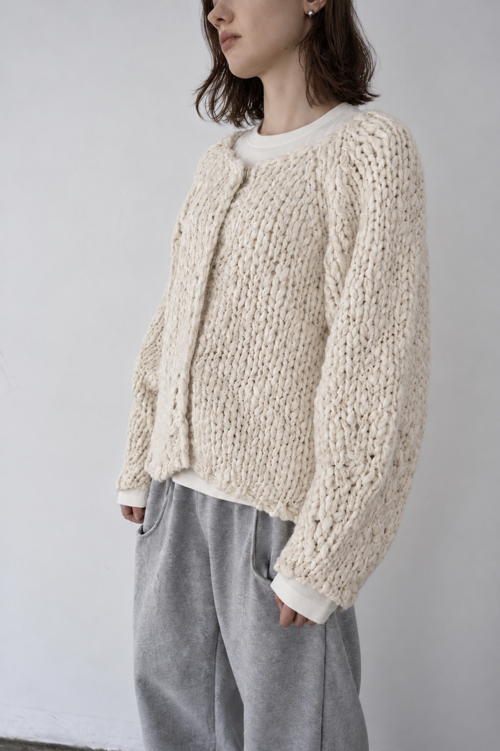 Chunky hand knit crew neck cardigan