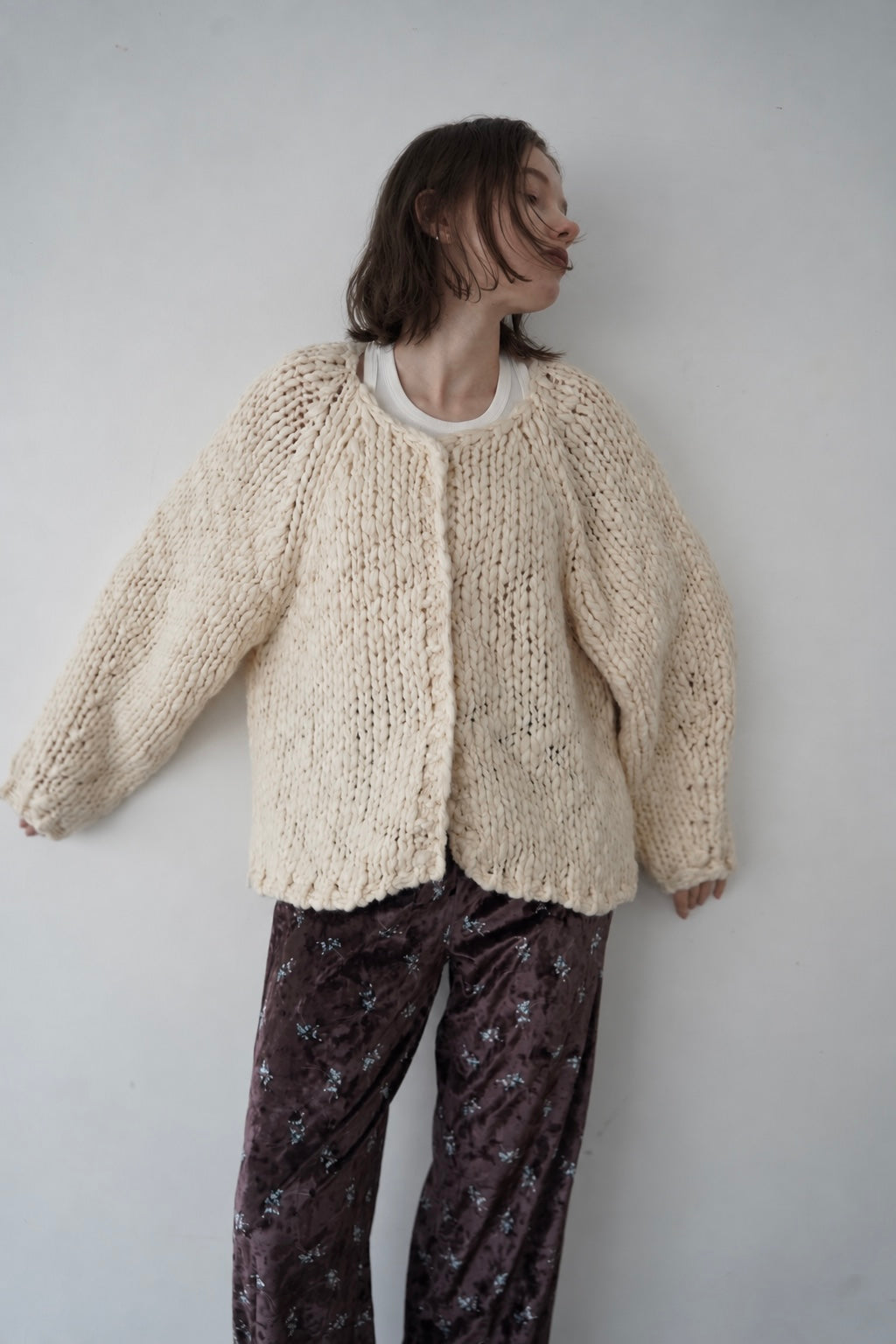 Chunky hand knit crew neck cardigan