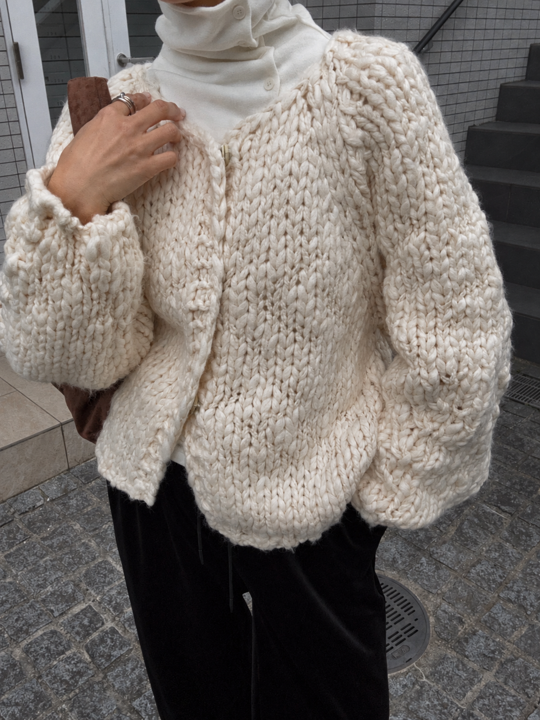 Chunky hand knit crew neck cardigan