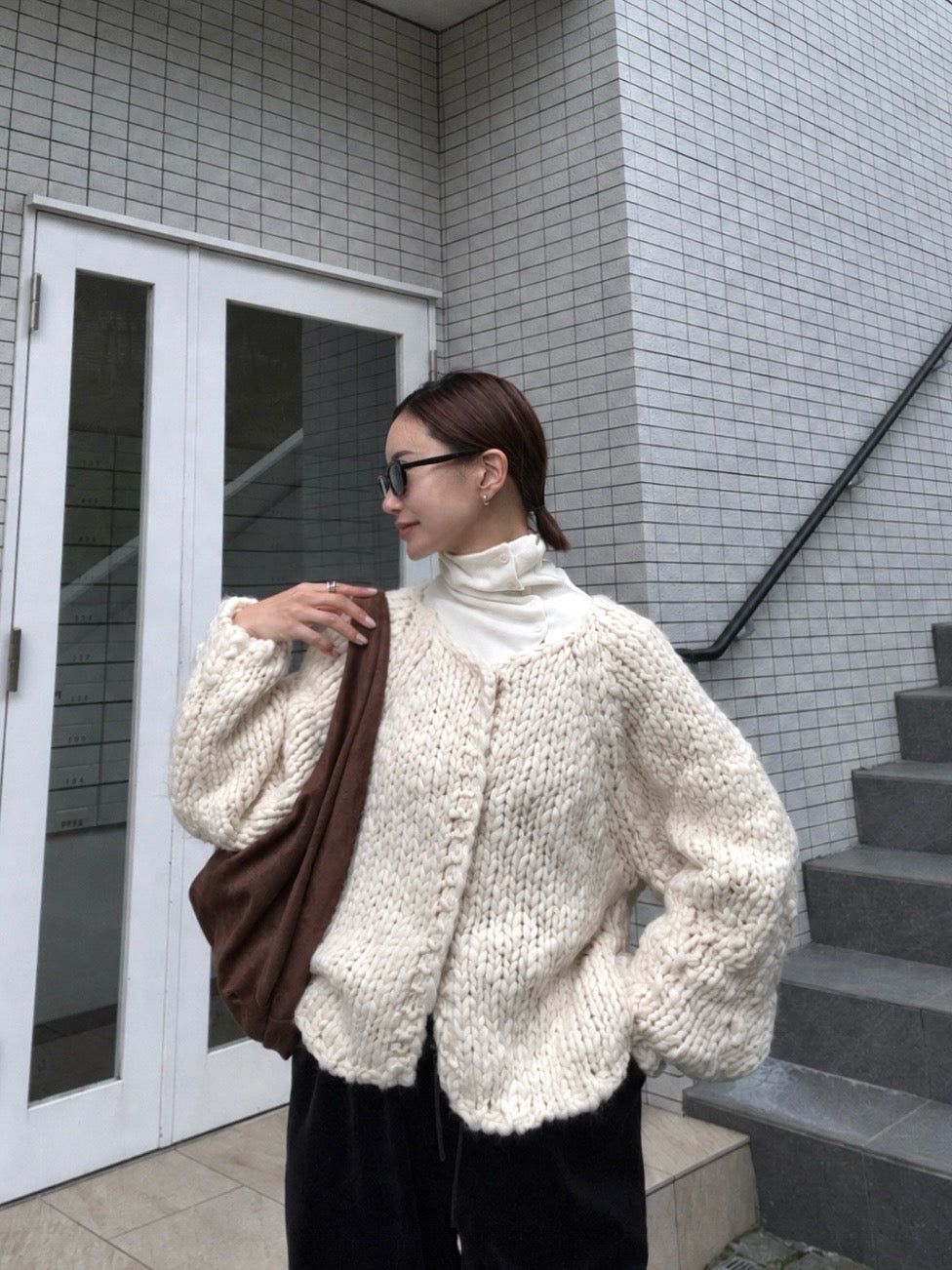 Chunky hand knit crew neck cardigan