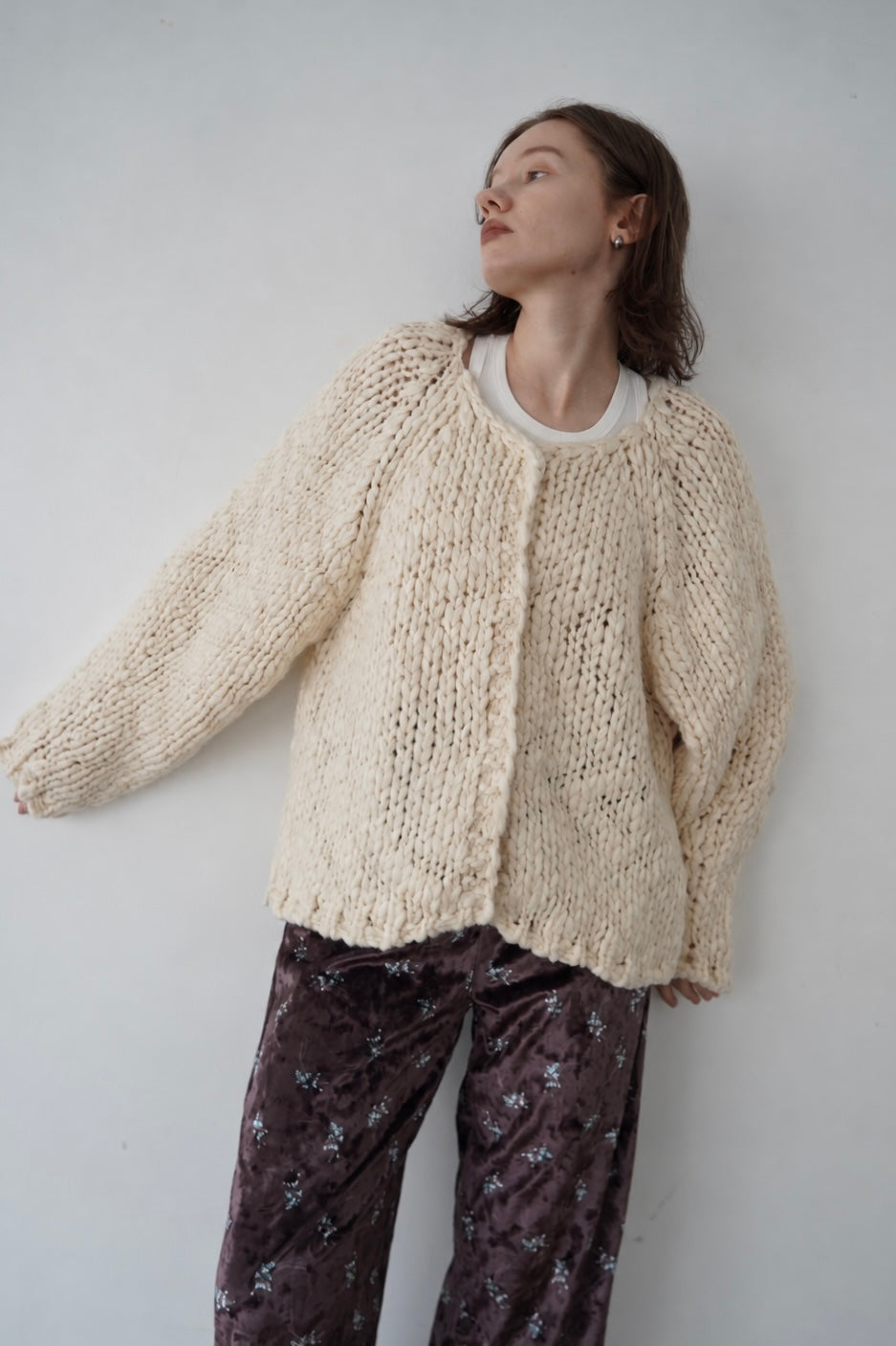 Chunky hand knit crew neck cardigan
