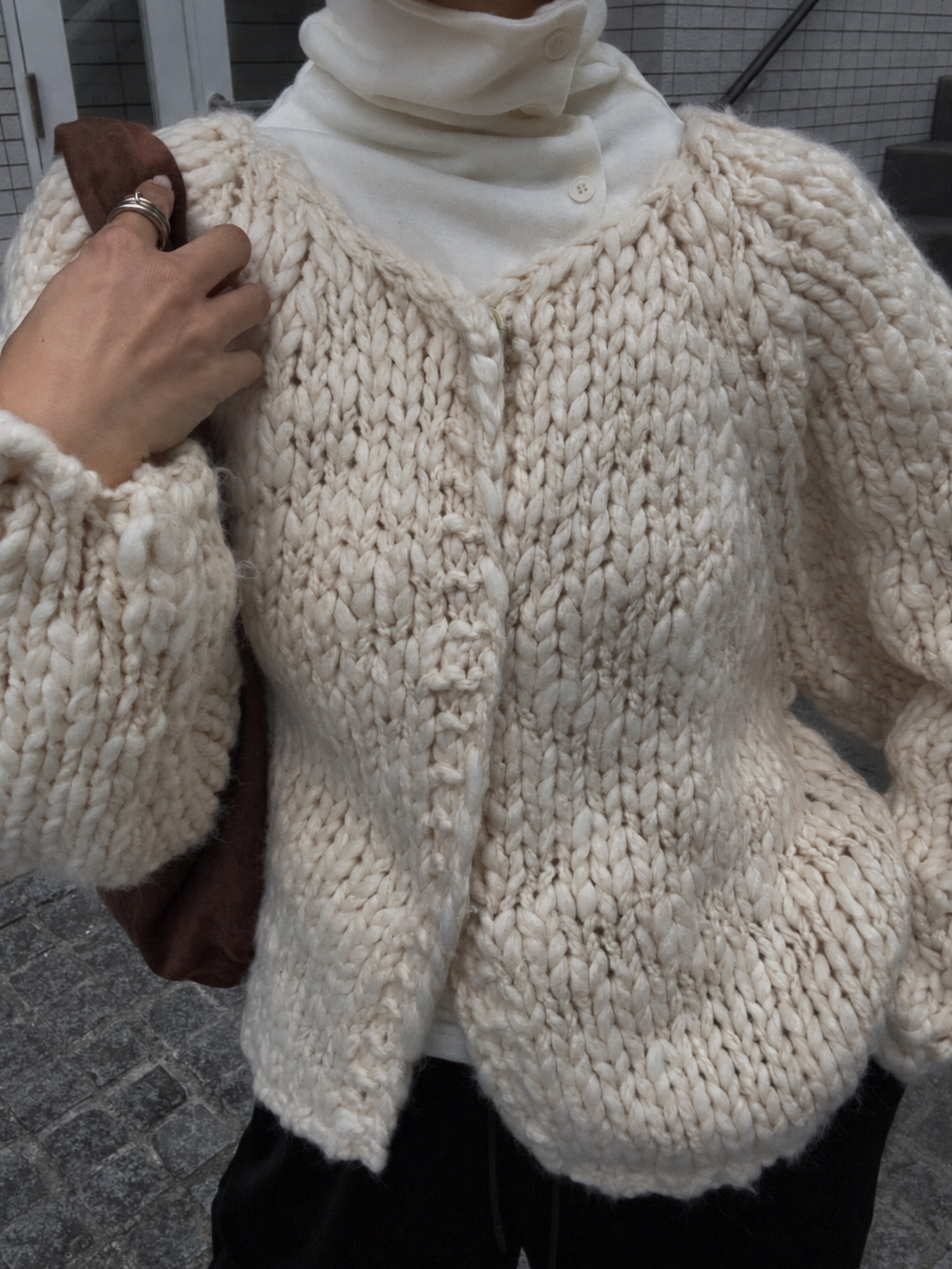 Chunky hand knit crew neck cardigan